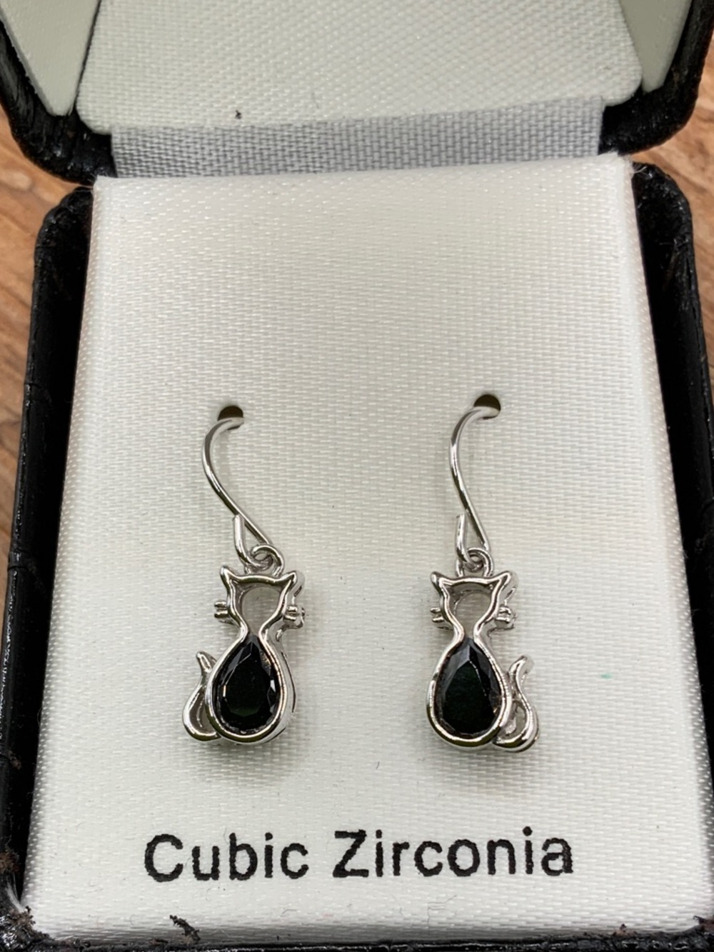 Cat Black Teardrop Cubic Zirconia Silver Tone Drop Earrings